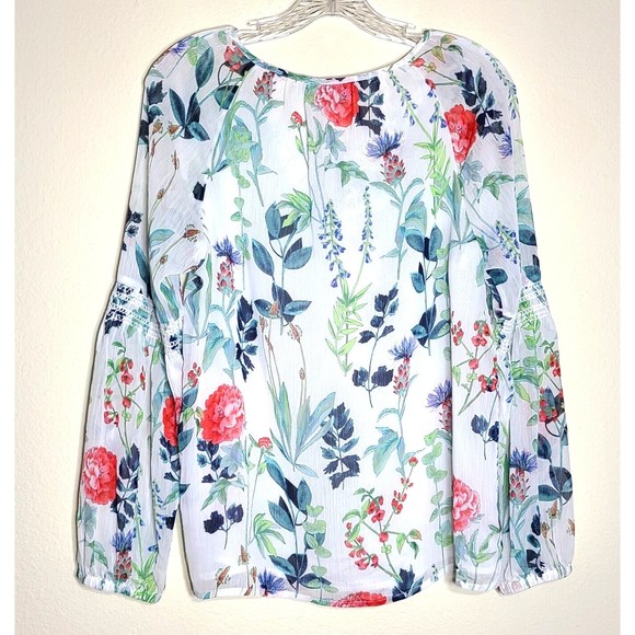 Tommy Hilfiger Blouse Size M Botanical Tie Smocking Long Sleeve Lined Multicolor - Picture 7 of 13